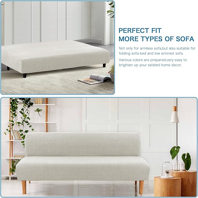 H.VERSAILTEX 100% Waterproof Jacquard Futon Cover Stretch Armless Sofa Cover Soft Futon Slipcover with Elastic Bottom Thick Sofa Bed Furniture Protector Covers for Washable Futon，Pale Oak