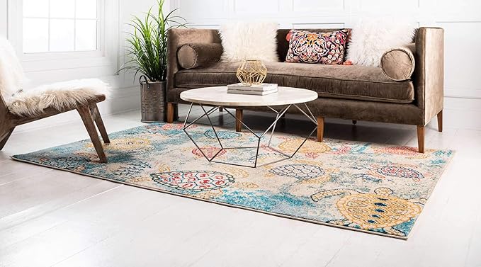 Unique Loom Positano Collection Coastal Modern Turtles Beige Area Rug (9' x 12')