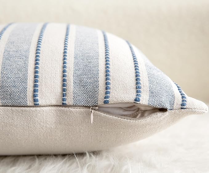 Decorative Boho Throw Pillow Covers, Farmhouse Textured Pillow Case, 18 x 18 Inch Set of 2, Chair Sofa Bedroom Living Room Home Decor Couch Cushion Case, Classic Blue and Beige Striped