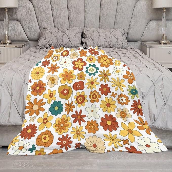 Vintage Hippie Floral Blanket, 70s Boho Abstract Yellow Orange Flowers Funny Print Throw Blanket for Holiday Theme Home Decor Bedding Couch 40"x50"