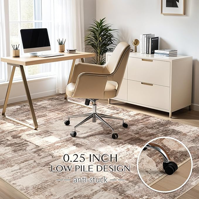 Abstract Living Room Rug 7x9 - Modern Washable Soft Thin Area Rug for Living Room Bedroom Under Dining Table - Neutral Indoor Floor Rug Carpets for Home Office Playroom Nursery - Brown