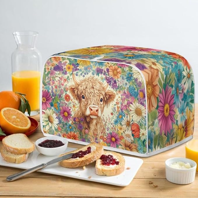 ZFRXIGN Flower Highland Cow Toaster Covers 2 Slice Toaster Dust Cover Hippie Toaster Bag Kitchen Appliance Covers Toaster Oven Dustproof Cover Washable Western Cattle Toaster Cover