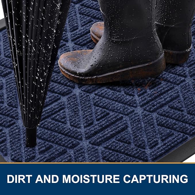 Smiry Front Door Mat Outside Entrance, Heavy Duty Sturdy Natural Rubber Doormat, Trap Dirt and Moisture, Easy Clean Low Profile Mats for Indoor Outdoor Entry, Grid Geometric (36x24, Navy Blue)