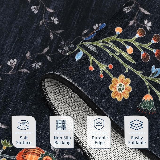 GarveeHome 2x6 Washable Floral Runner Rugs for Hallway: Modern Floral Non Slip Large Runner Rugs for Kitchen, Large Machine Washable Hallways Low Pile Carpet with Non-Slip Backing Black 2 ft x6 ft.