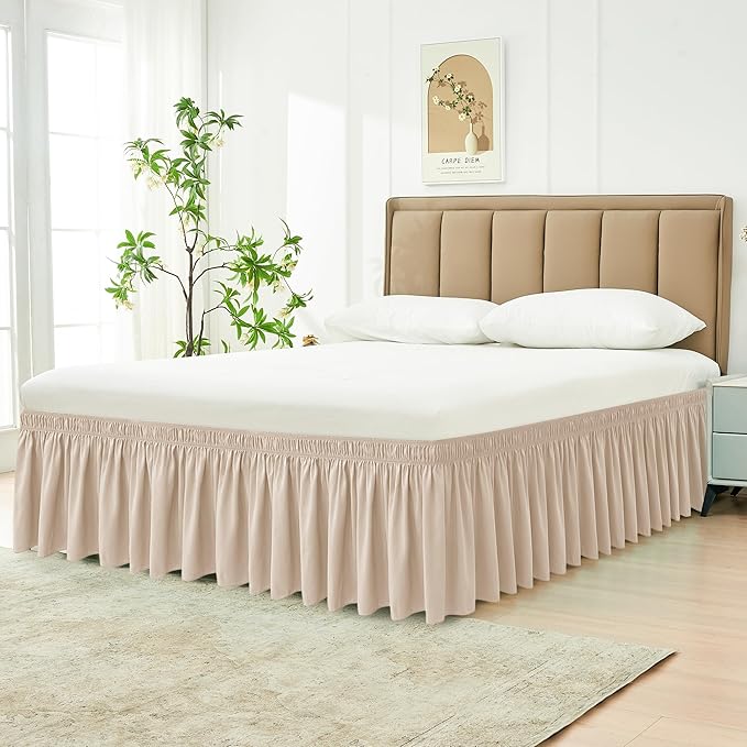Biscaynebay Wrap Around Bed Skirts for Queen Beds 16" Drop, Sand Adjustable Elastic Dust Ruffles Easy Fit Wrinkle Resistant Silky Luxurious Fabric Machine Washable
