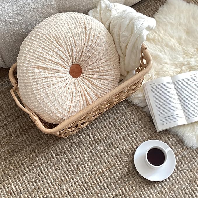 Round Throw Pillow, 15" Velvet Decorative Pleated Pumpkin Round Pillow Cushion Floor Pillows for Sofa Couch Bed Chair Living Room Floor Car Decorations, Brown