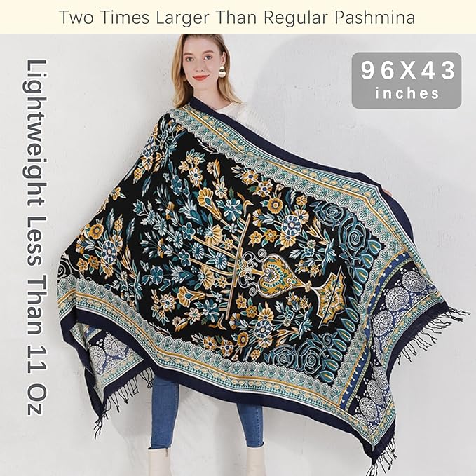 DANA XU 100% Merino Wool Pashmina Shawl for Women 96"x43", Oversized Cashmere Wrap with Tassels, Floral Travel Blanket Cape
