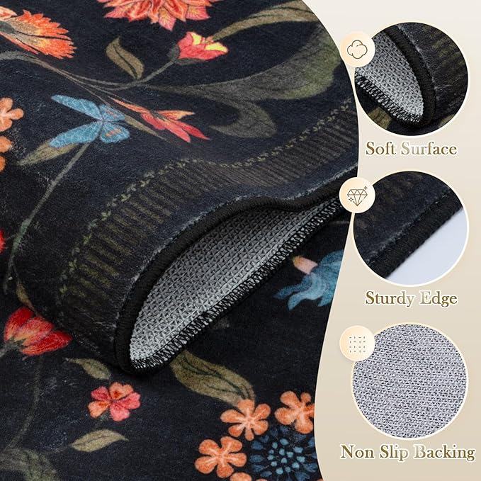 LIVEBOX Washable Runner Rug - Boho Floral 2x6 Kitchen Rug, Non-Slip Carpet Runners for Hallway 6ft, Soft Low-Pile Runner Rugs for Entryway Hallways Laundry Room Bedroom Farmhouse (2x6 ft, Black)