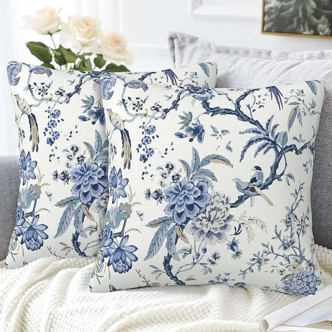 Chinoiserie Throw Pillow Cover Case Blue White Flowers Throw Pillows Set of 2 Super Soft Pillow Covers 18x18 Inches Farmhouse Home Decor for Living Room Bedroom Sofa Couch Cushion Cover
