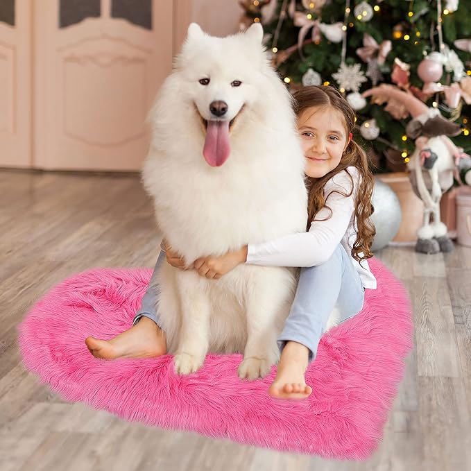 uxcell Heart Shaped Rugs for Bedroom,Small Aesthetic Carpet Girls,Cute Shaggy Floor Mirror Mat,Pastel Furry Throw Rug 2.3ftx3ft, Rose Red
