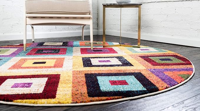 Unique Loom Estrella Collection Colorful, Geometric, Squares Modern, Abstract Area Rug (8' 0 x 8' 0 Round, Multi/Beige)