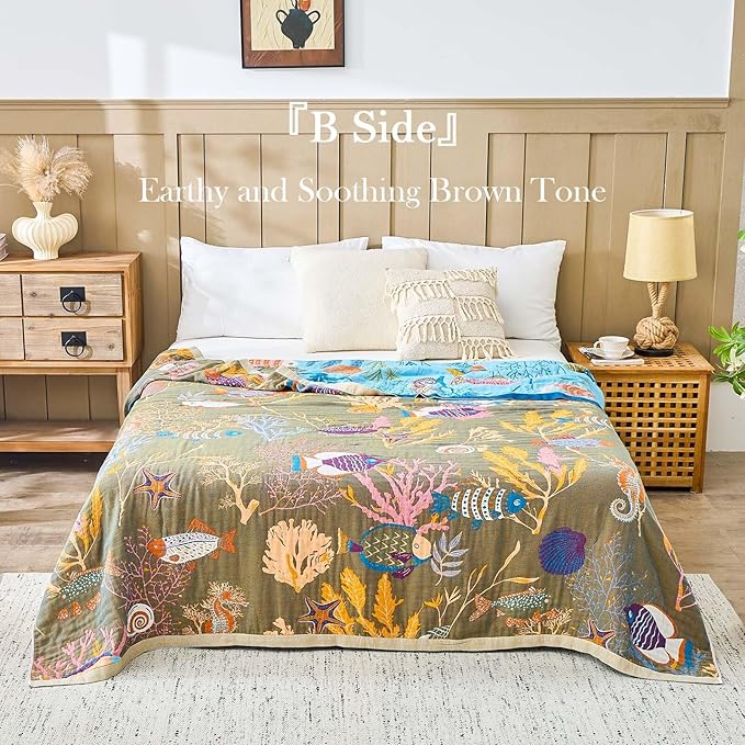 Blue Boho Blanket, 60"x80" Soft Farmhouse Decorative Throw Blanket, 100% Cotton Reversible Vintage Muslin Quilt Bohemian Decor Woven Blanket All Season Blankets for Sofa Couch Chair