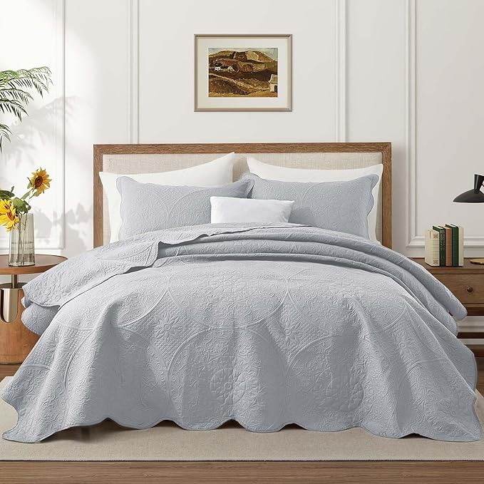 IR Imperial Rooms 8 Pack Quilt King Size Bedding (106" x 96") - Bulk Wholesale for Hotels, Guest Bedroom & Airbnbs - Lightweight Microfiber Reversible Floral Embossed Quilts Bedspreads (Silver)