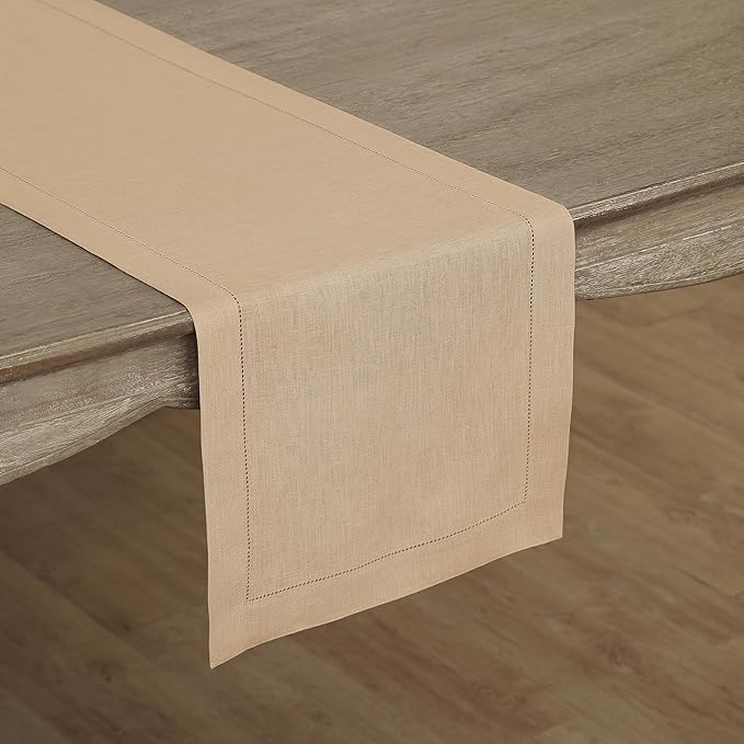 Solino Home Linen Beige Table Runner 120 Inches Long - 100% Pure Linen 14 x 120 Inch Table Runner for Christmas, New Year - Classic Hemstitch