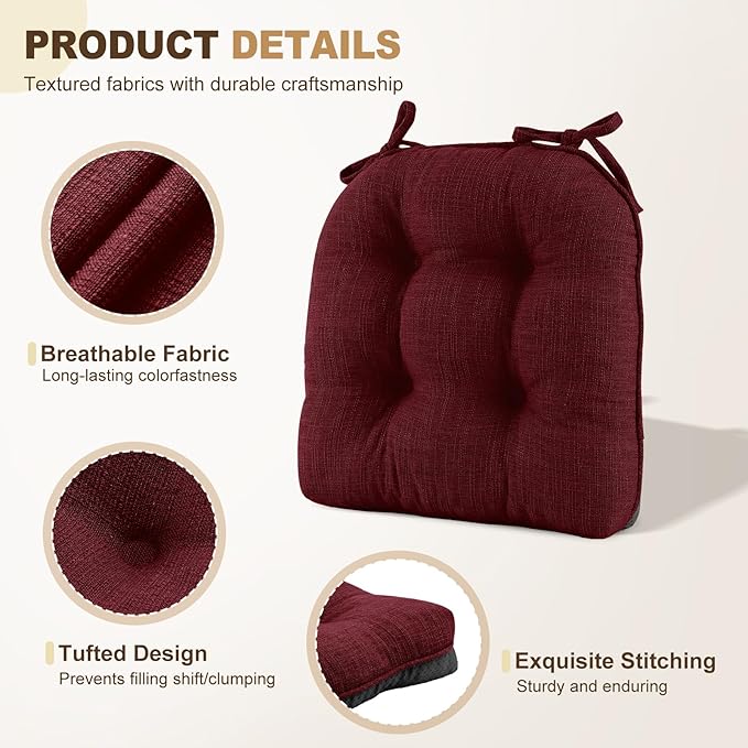 downluxe Indoor Chair Cushions for Dining Chairs, Tufted Overstuffed Textured Foam Kitchen Chair Pads with Ties and Non-Slip Backing, 15.5" x 15.5" x 4", Burgundy, 4 Pack