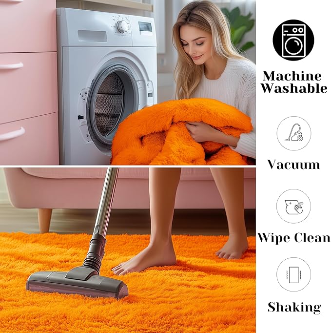 ONASAR Orange Rugs for Living Room Bedroom, 5x8 Washable Fluffy Bedside Area Rug, Soft Plush Shaggy Indoor Floor Carpet for Nursery Kids Girls Boys Teen Dorm Home Office Decor Aesthetic