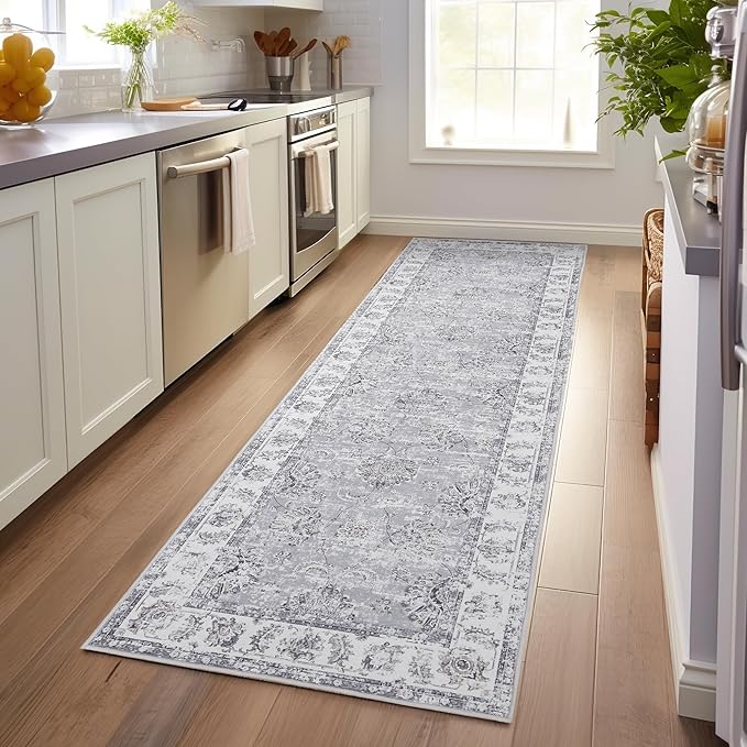 jinchan Fiora Hallway Runner Rug 3x7 Machine Washable Runner Rug Grey Vintage Floral Design Non-Slip Low Pile Ultra-Thin for Kitchen Laundry Room Bedroom Farmhouse (3‘x7', Grey)