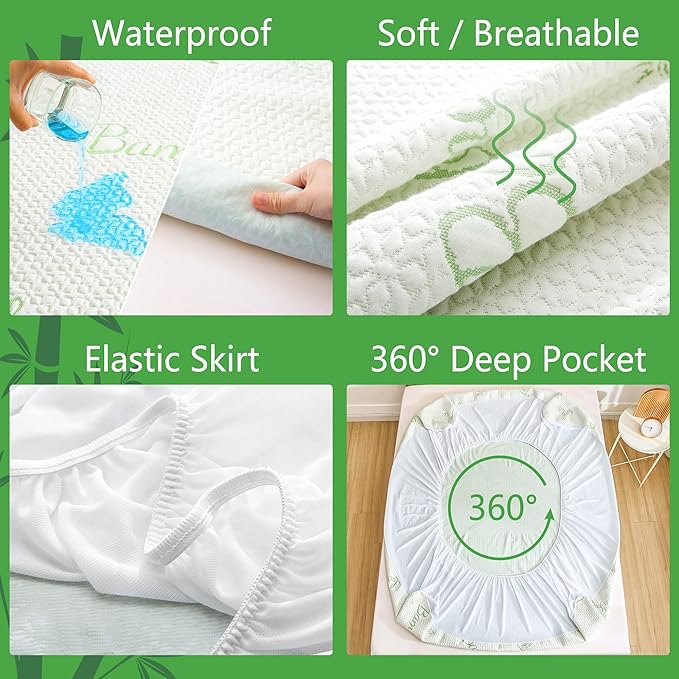 GOONIK Queen Mattress Protector, Breathable Bamboo Viscose Waterproof Queen Size Mattress Pad Cover with 6-18 inches Deep Pocket