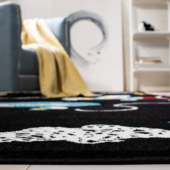 SAFAVIEH Carousel Kids Collection Area Rug - 9' x 12', Black & Ivory, Airplane Design, Non-Shedding & Easy Care, Ideal for High Traffic Areas for Boys & Girls in Playroom, Nursery, Bedroom (CRK167Z)