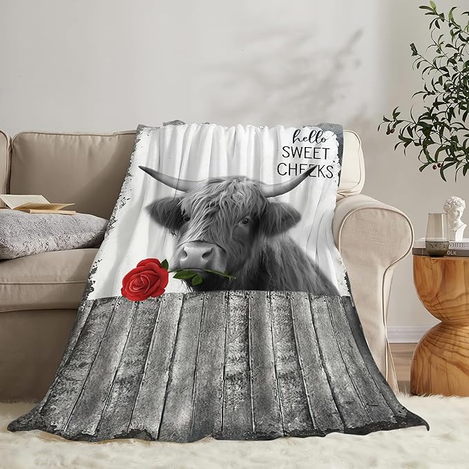 Funny Highland Cow Throw Blanket - Farm Cow Gifts & Decor, Soft Warm Cozy Fleece Blanket for Couch, Sofa, Bed - 80"x60"