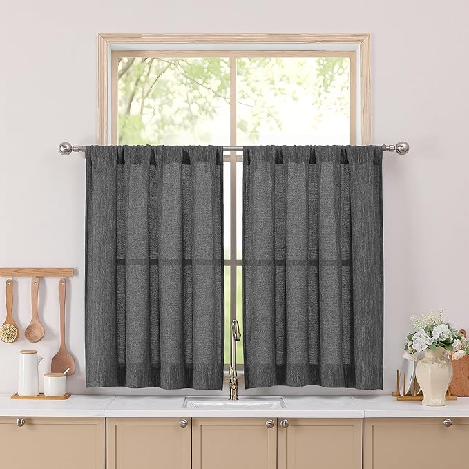 Simplebrand Grey Short Faux Linen Textured Cafe Kitchen Curtains 36 Inch Length 2 Panels, Over Sink Semi Sheer Farmhouse Light Filtering Panels Rod Pocket Drapes for Bathroom Window, 40 x 36 Inch