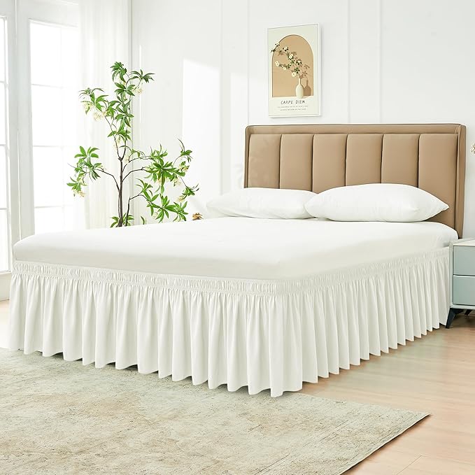 Biscaynebay Wrap Around Bed Skirts for King & Cal King Beds 18" Long Drop, Ivory Adjustable Elastic Dust Ruffles Easy Fit Wrinkle Resistant Silky Luxurious Fabric Machine Washable