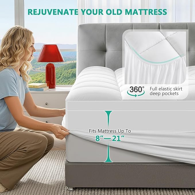 Full XL Mattress Topper - Extra Thick Mattress Pad Cover - Pillow Top with Soft Breathable Spiral Fiber Filling, 8-21 Inch Deep Pocket, Cooling, White