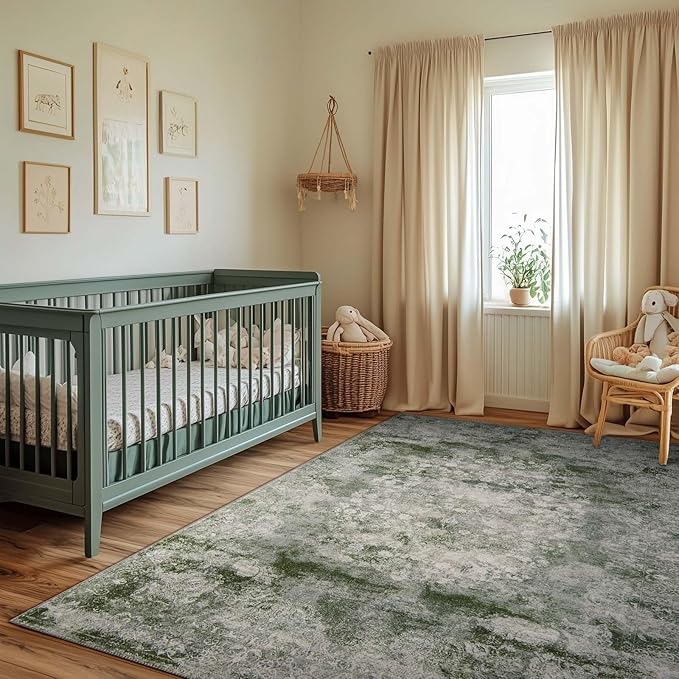 jinchan Green 4x6 Area Rugs - Machine Washable Vintage Floral Distressed Design Soft Ultra-Thin Low-Pile Non-Slip Christmas Carpet for Bedroom Living Room Dining Room Nursery (4x6ft, Forest Green)