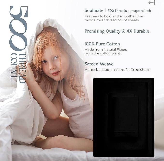 Mayfair Linen 100% Cotton Bed Sheets Queen Set - 500 Thread Count Cotton Sheets for Queen Size Bed, 4 PC Set (Black), Ultra Soft, Cooling, Sateen Weave 16" Deep Pocket Bedsheet for Hot Sleepers
