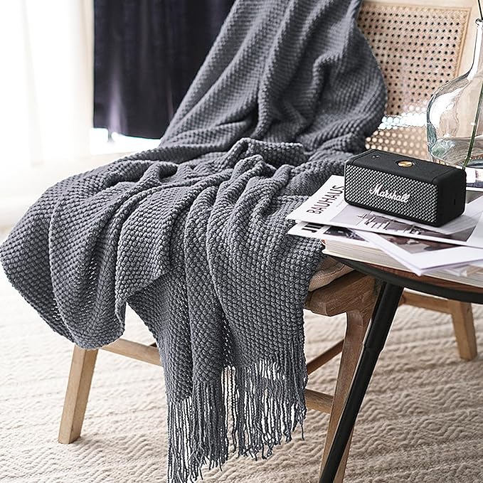 LOMAO Knitted Throw Blanket with Tassels Bubble Textured Soft Lightweight Throws for Couch Cover Home Decor (Dark Grey, 50x60)