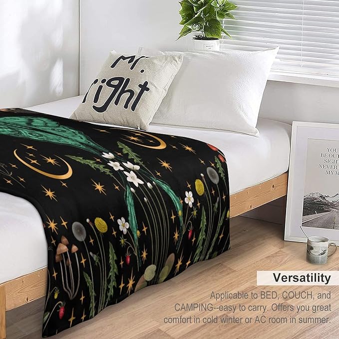 Moon Phase Moth Blanket, Vintage Botanical Mushroom Wildflower Gothic Night Moonlit Mysterious Witchy Throws Blanket for Sofa Bed Couch Chair, 60"x80"