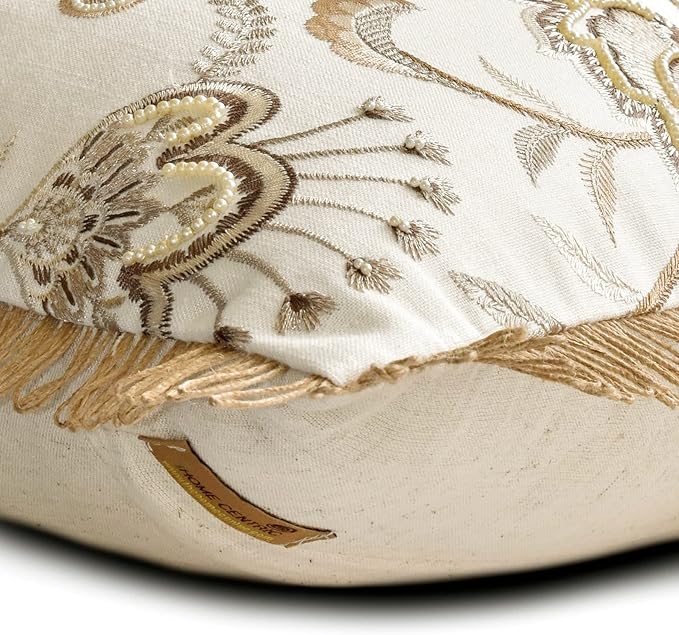The HomeCentric King/Queen/Twin Beige Decorative Bed Runner Full 68"x18" Bed Runner Without Pillow Cover, Floral, Pearl, Jute Lace, Embroidery Bed Scarf on Cotton Fabric - Floral Luster