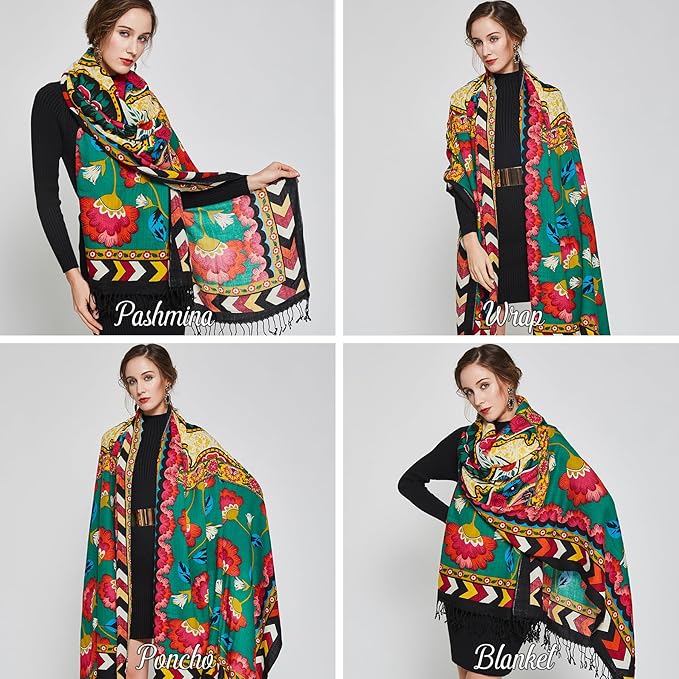 DANA XU 100% Merino Wool Pashmina Shawl for Women 96"x43", Oversized Cashmere Wrap with Tassels, Floral Travel Blanket Cape