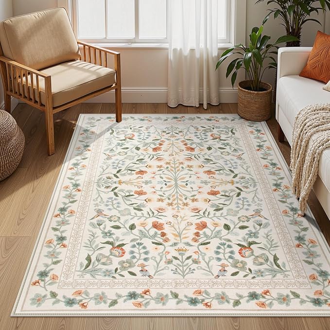 Lahome Floral Area Rug 5x7, Washable Soft Kids Room Nursery Rug Non Slip Ultra-Thin Carpet for Bedroom, Vintage Botanical Print Carpet for Playroom Classroom Living Room, Beige