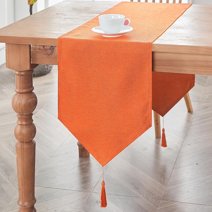 BALCONY & FALCON Table Runner with Tassels Rustic Farmhouse Jacquard Linen Style Water Resistant Washable Runner for Autumn Fall Harvest Halloween Thanksgiving Party 14 x 71 inch, Vibrant Orange