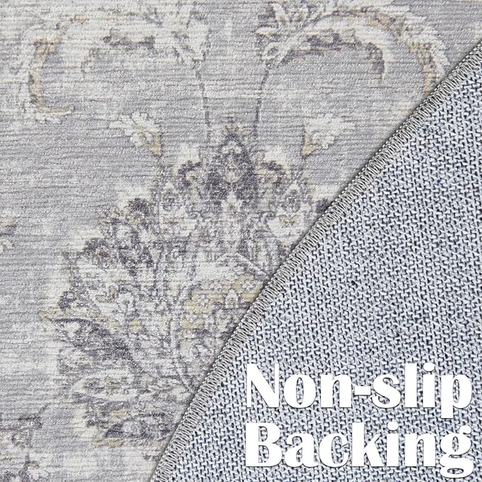 jinchan Fiora Round Rug 5ft Area Rugs Vintage Floral Distressed Design - Machine Washable Non-Slip Low-Pile Ultra-Thin Circle Rug for Entryway Bedside Living Room Dining Room Bedroom (5' Round, Grey)