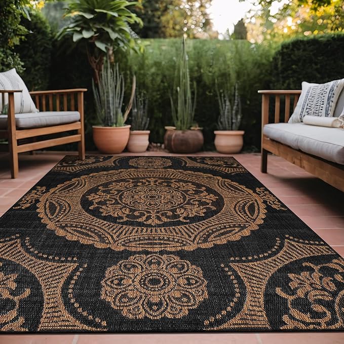 Medallion Outdoor Rug 8x10 Washable Outside Carpet for Indoor Patio Porch Waterproof Easy Cleaning Non Shedding Area Rugs Nut Brown 8 x 10