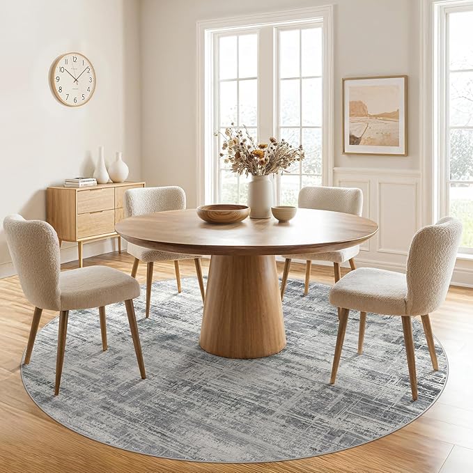 6ft Round Area Rug for Living Room: 6x6 Washable Neutral Abstract Modern Soft Rugs Non Slip Indoor Floor Stain Resistant Carpet for Bedroom Dining Room Office Nursery - Gray