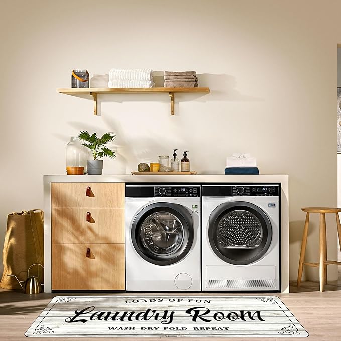 Laundry Room Rug Non Slip Floor mats Farmhouse Large Laundry Rugs for Laundry Runner Room Mat Washer and Dryer Carpet Laundry Room Decor 20x59inch(White)