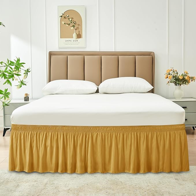 Biscaynebay Wrap Around Bed Skirts for King & Cal King Beds 16" Drop, Gold Adjustable Elastic Dust Ruffles Easy Fit Wrinkle Resistant Silky Luxurious Fabric Machine Washable