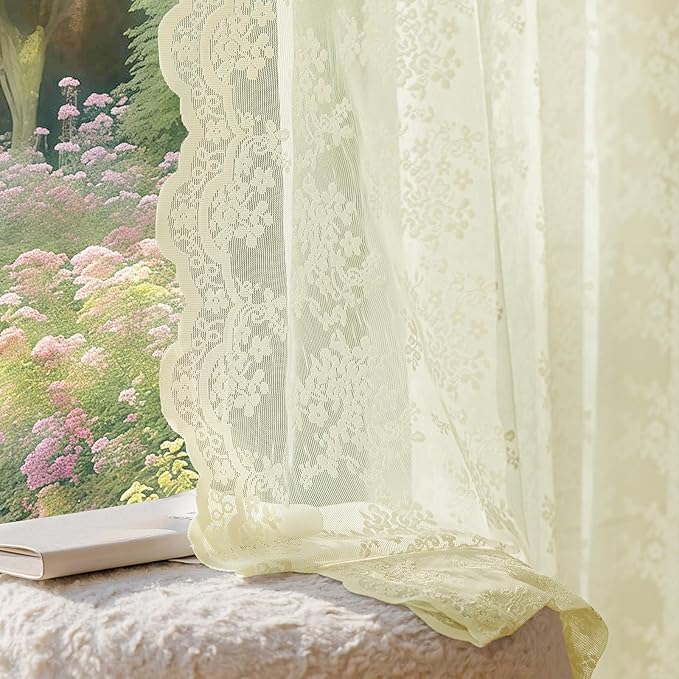 Anmao Vintage Lace Curtains 63 Inches Long 2 Panels Set, Romantic Elegant Light Filtering Semi Sheer Floral Thick Lacy Curtain Drapes for Living Room and Bedroom, Each Panel 55W x 63L, Cream Yellow