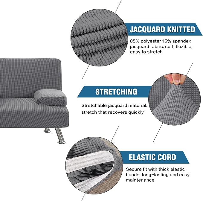 H.VERSAILTEX 4 Pieces Stretch Futon Covers Sofa Bed Slipcover with Removable Armrests and Cupholders Covers Furniture Protector High Spandex Small Checks Jacquard Fabric, Grey