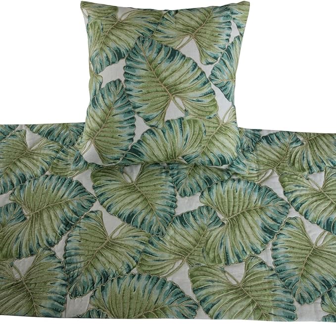 The HomeCentric Decorative Designer Handmade Bed Runner with 2 Decorative Throw Pillow Cover, 86 x 18 Inch Designer CA King Size Bed Scarf in Printed Linen & Embroidery Bed Linen - Tropical Feeling