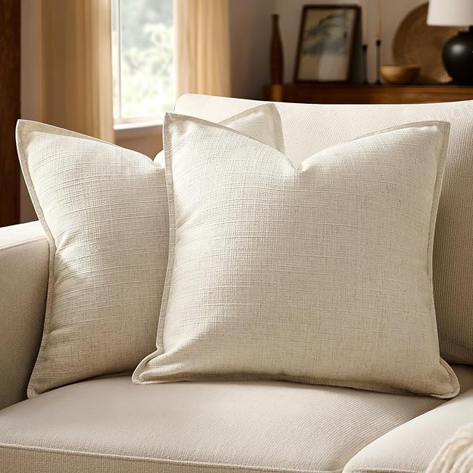 MIULEE Decorative Pillow Covers 22x22, 2 Pack Boho Farmhouse Neutral Throw Pillows for Couch, Thick Textured Modern Linen Cushion Cases Sofa Bed Living Room Home Decor, Natural Beige