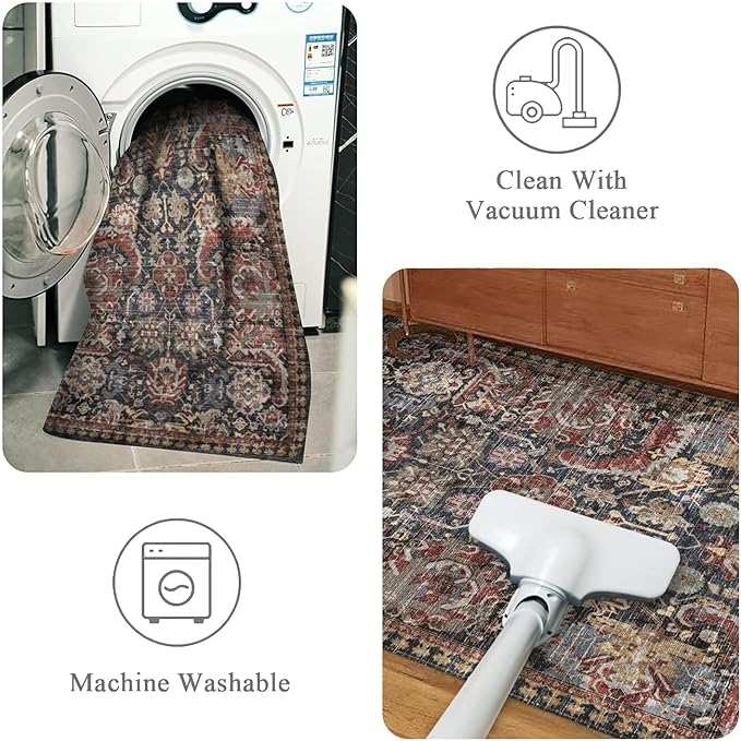 RUGSURE Washable Area Rugs - Perfect for Living Room, Bedroom, Kids Room, Nursery - Stain & Water Resistant Non-Slip, Pet & Child Friendly, Vintage Tribal Area Rugs (Rust, 6' x 9')