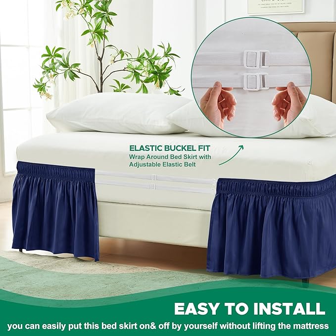 Biscaynebay Wrap Around Bed Skirts for Twin & Twin XL Beds 18" Drop, Navy Adjustable Elastic Dust Ruffles Easy Fit Wrinkle Resistant Silky Luxurious Fabric Machine Washable