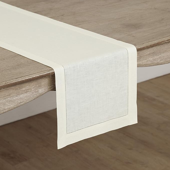 Solino Home Linen Ivory Table Runner 90 Inches Long - 100% Pure Linen Hemstitch 14 x 90 Inch Table Runner for Dining, Christmas, Holiday, New Year - Classic Hemstitch