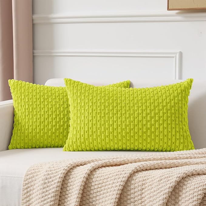 Kevin Textile 12x20 Inch Pillow Cover 1 Pack Boho Christmas Decorative Soft Striped Corduroy Lumbar Farmhouse Accent Rectangle Cushion Case for Living Room Couch Sofa Bed, Christmas Green