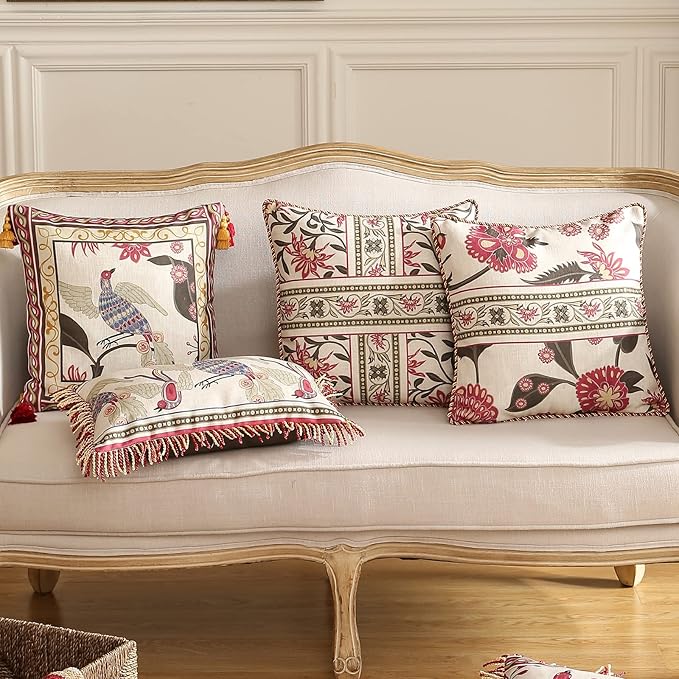 patdrea Designer Throw Pillow Covers,Vintage Red Pillowcases with Leaves and Flower Pattern Pillows Cover for Couch,Linen Decorative Square Cushion for Bed Living Room Outdoor Car,18X18 Inches