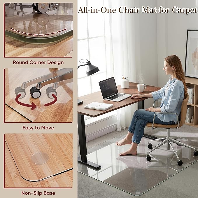 32" x 48" Tempered Glass Office Chair Mat for Carpet & Hardwood Floor, 1/6" Thick Clear Floor Protector Desk Chair Mat with Rounded and Polished Edges